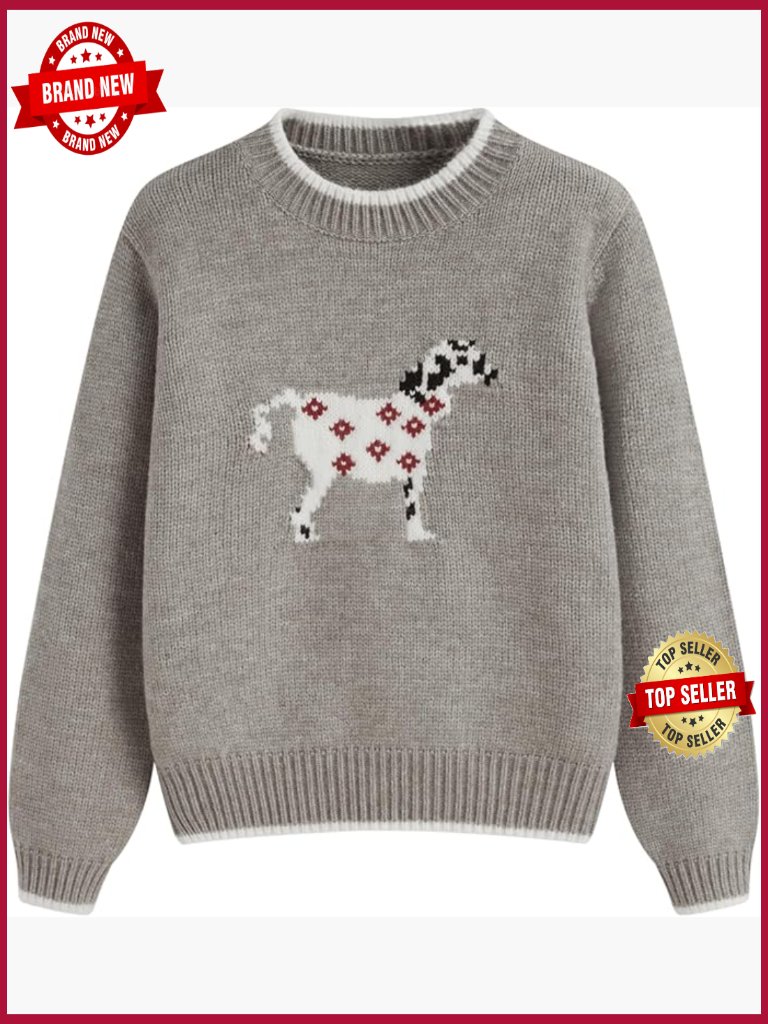 Women's Crewneck Pullover Sweater With Dog Graphic Cropped Knit